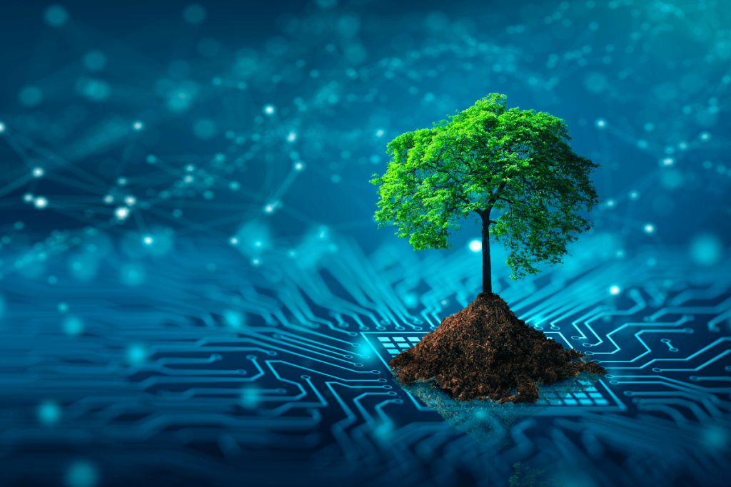 Visuel conceptuel montrant la symbiose entre technologie et écologie lors d'un audit informatique visant à réduire l'empreinte carbone.